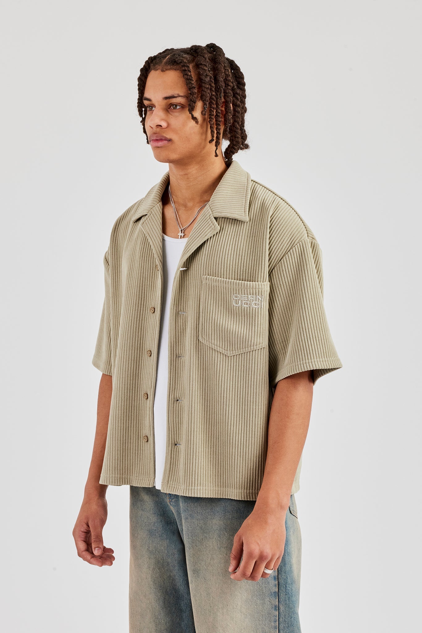 Cord Button Front Revere Shirt - Khaki